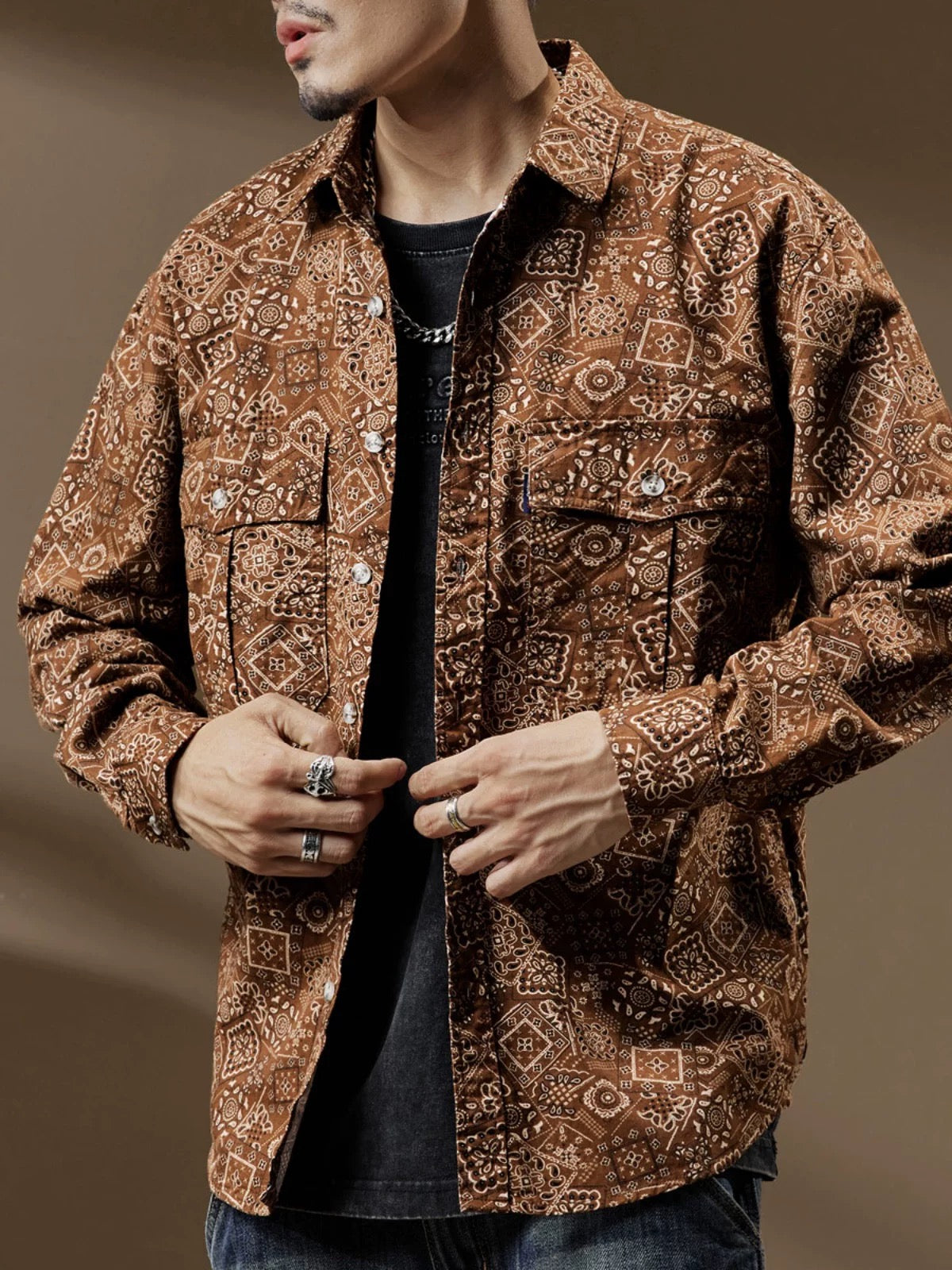 Vintage Casual Ethnic Geometric Print Long Sleeve Shirt
