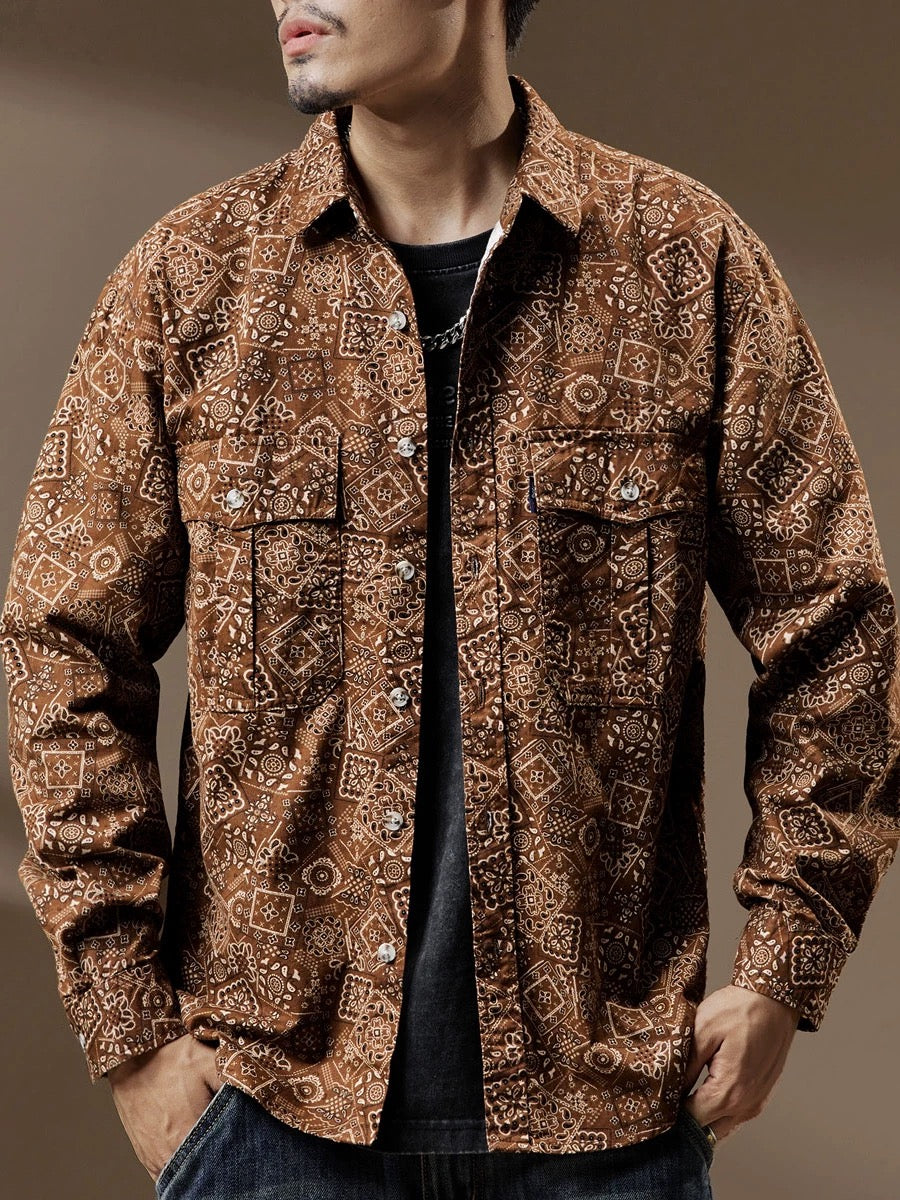 Vintage Casual Ethnic Geometric Print Long Sleeve Shirt