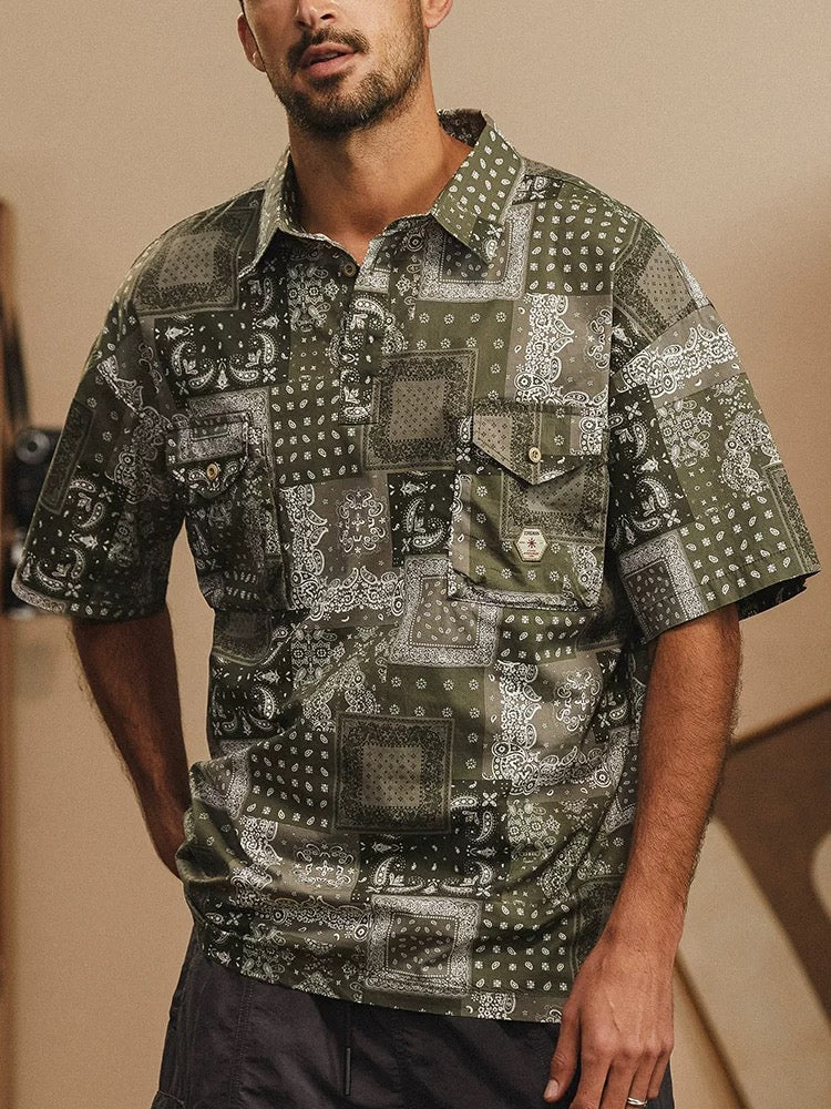 Vintage Paisley Pattern Workwear Polo Collar Short Sleeve Shirt