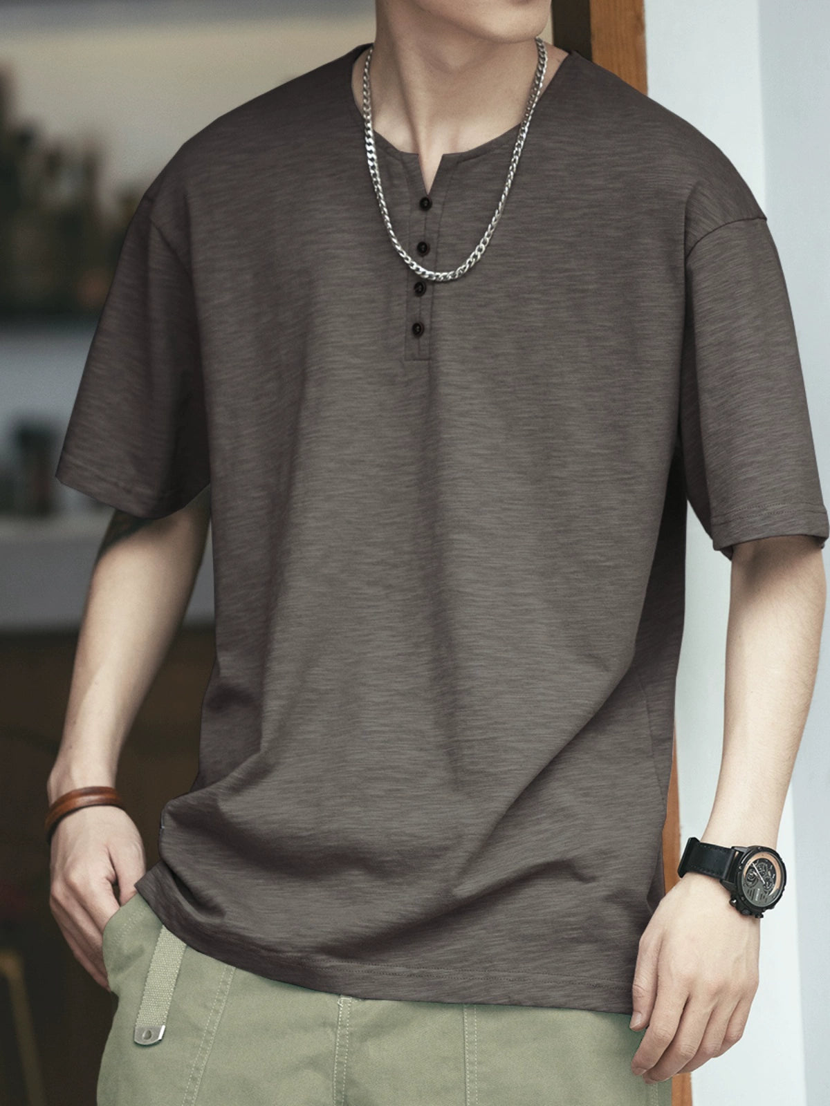 Retro Slub Henley Collar Short-Sleeve T-Shirt