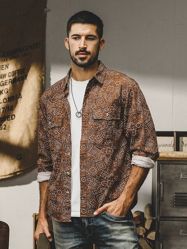 Vintage Casual Ethnic Geometric Print Long Sleeve Shirt
