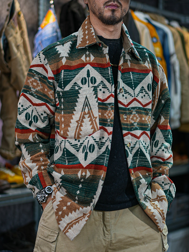 Ethnic Color-Woven Imitation Wool Long Sleeve Shirt Jacket