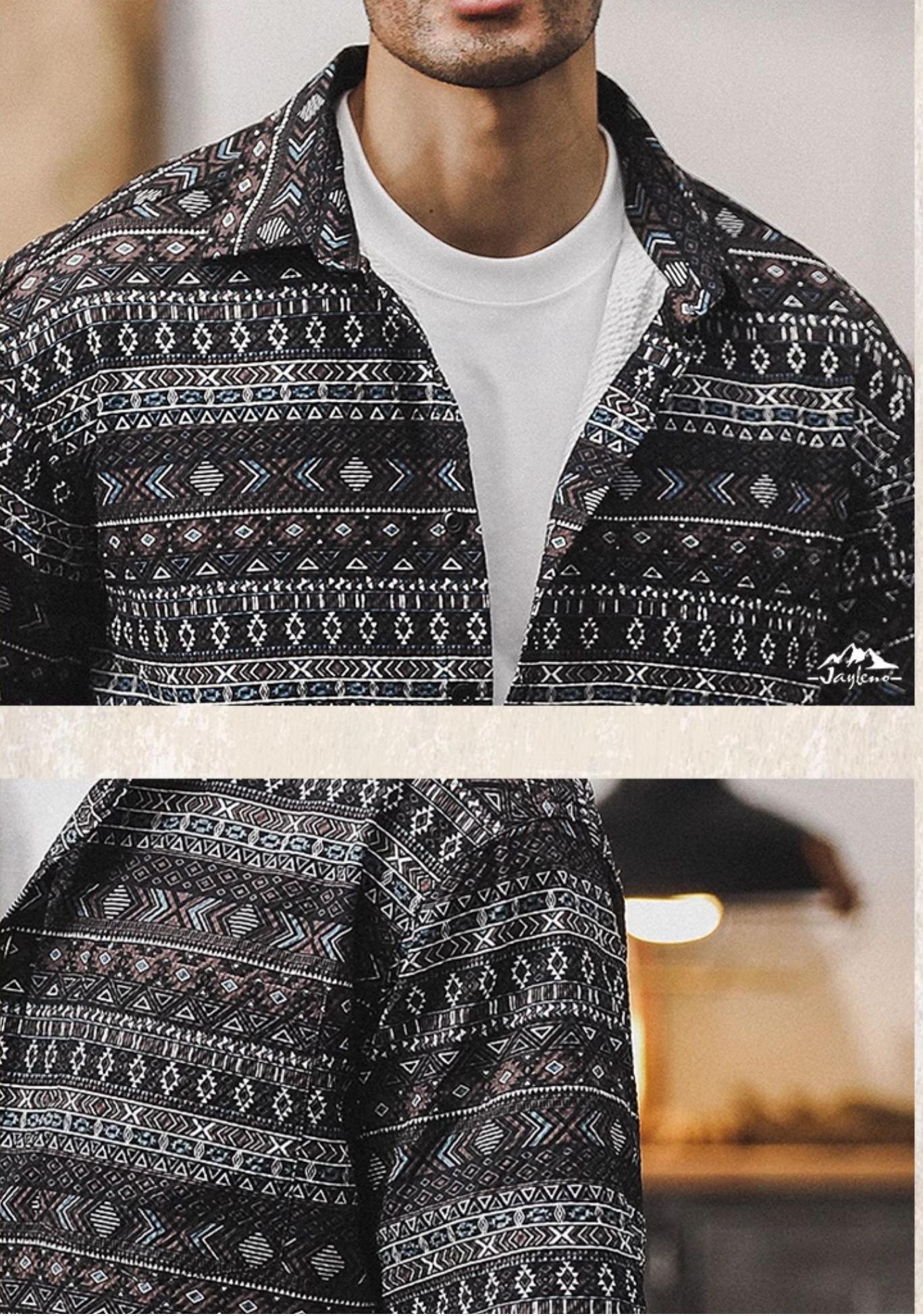 Hawaiian-style Geometric Print Seersucker Shirt
