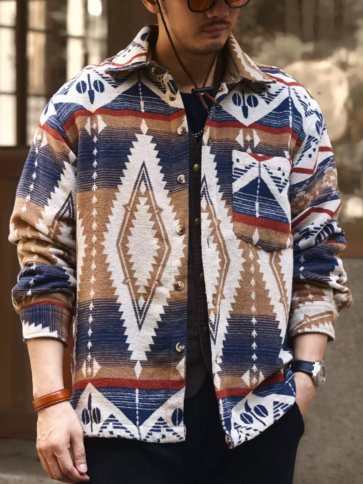 Ethnic Color-Woven Imitation Wool Long Sleeve Shirt Jacket