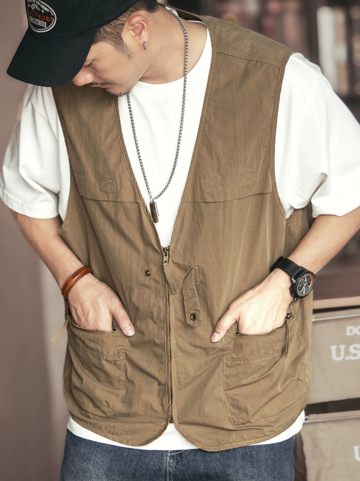 Outdoor Multi-Pocket V-Neck Zip Workwear Vest