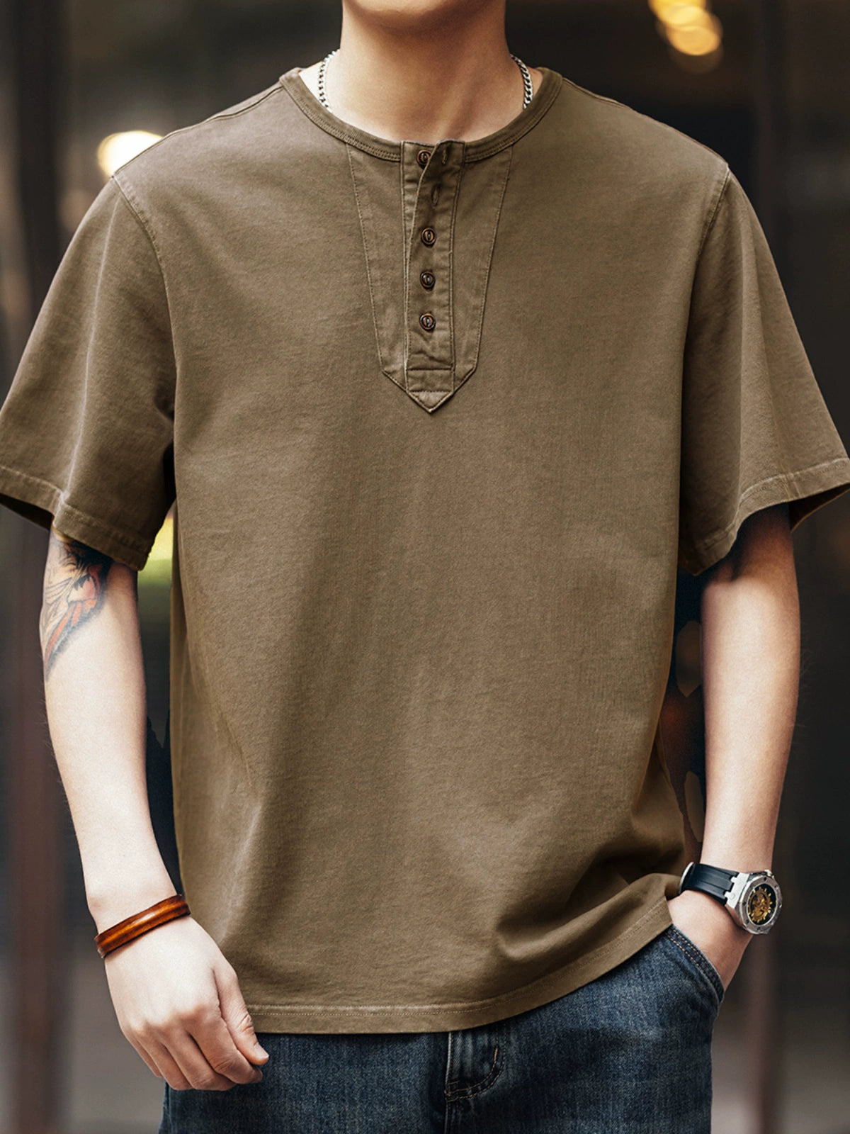 Solid Henley Neck Short Tee