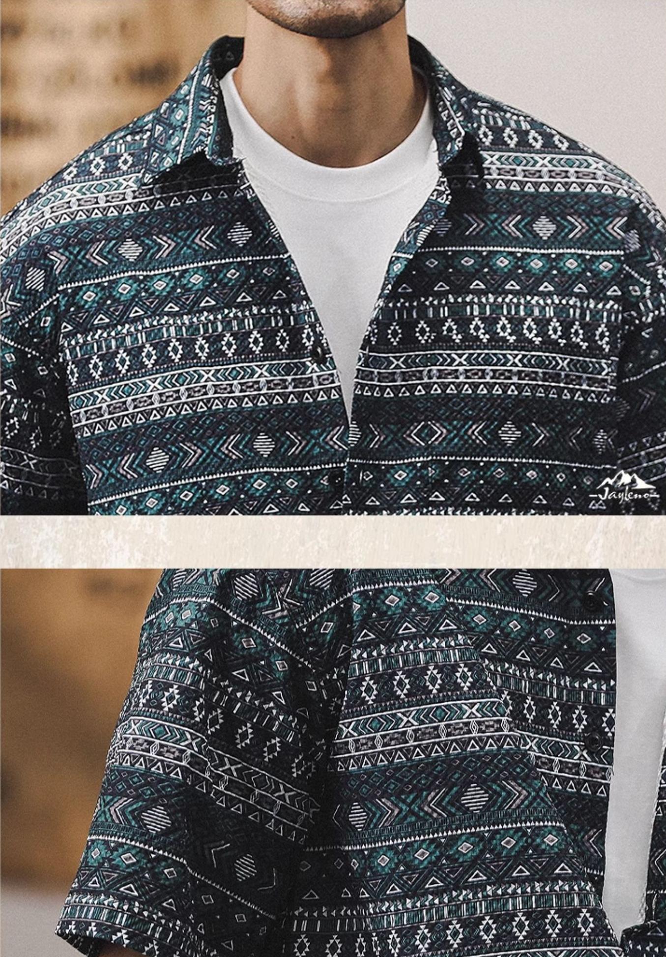Hawaiian-style Geometric Print Seersucker Shirt