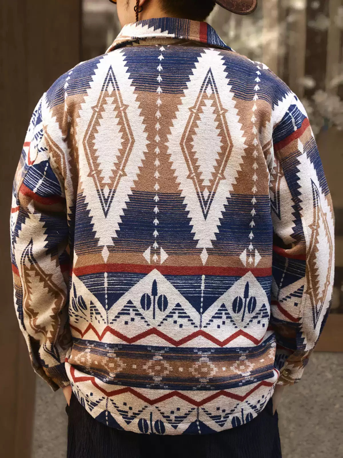 Ethnic Color-Woven Imitation Wool Long Sleeve Shirt Jacket