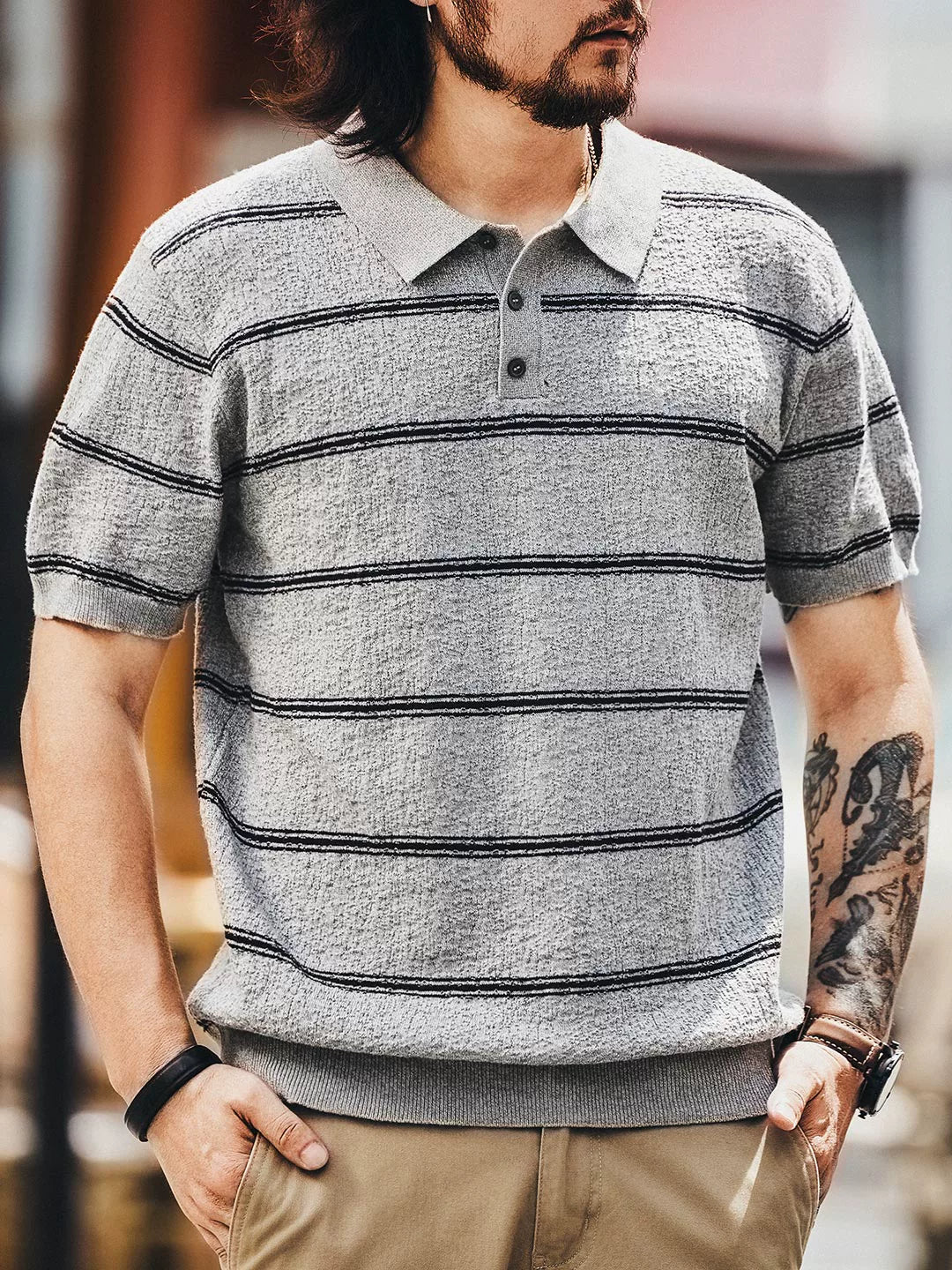 Striped Knit Short Sleeve Polo Shirt