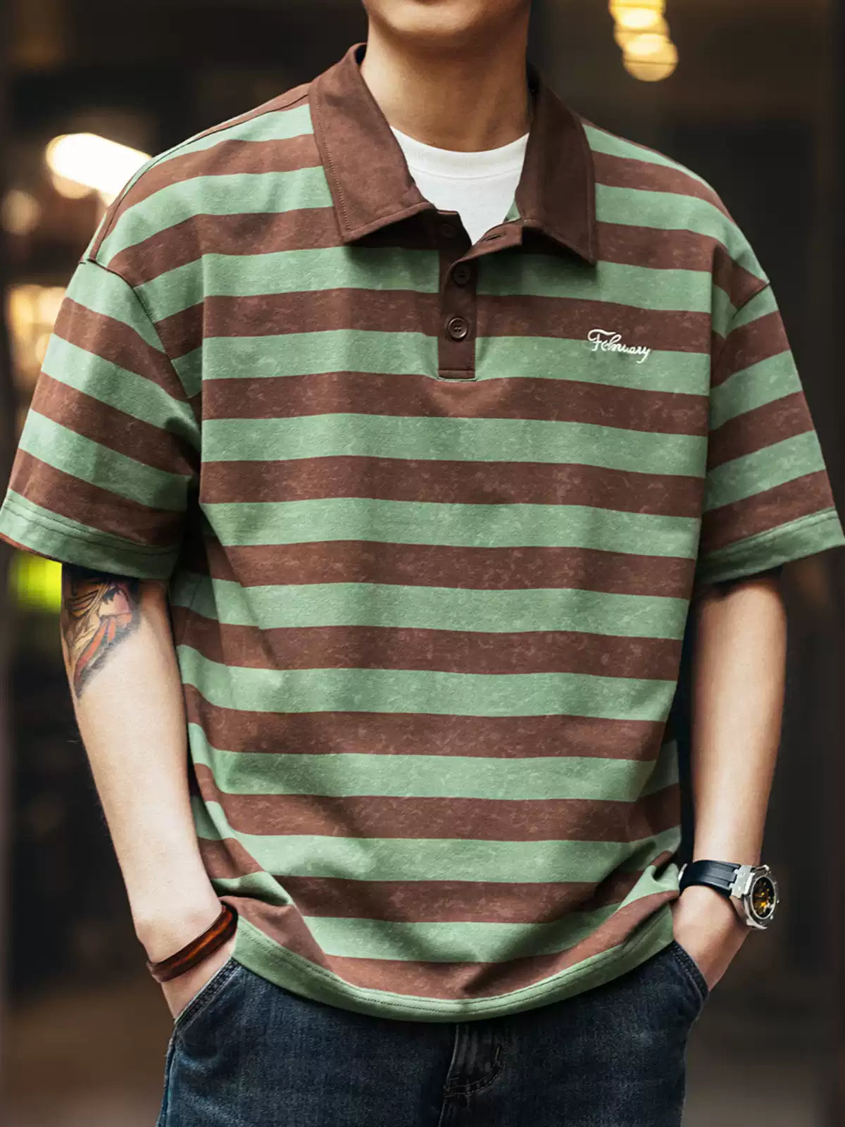 Retro Tie-Dye Striped Polo T-Shirt