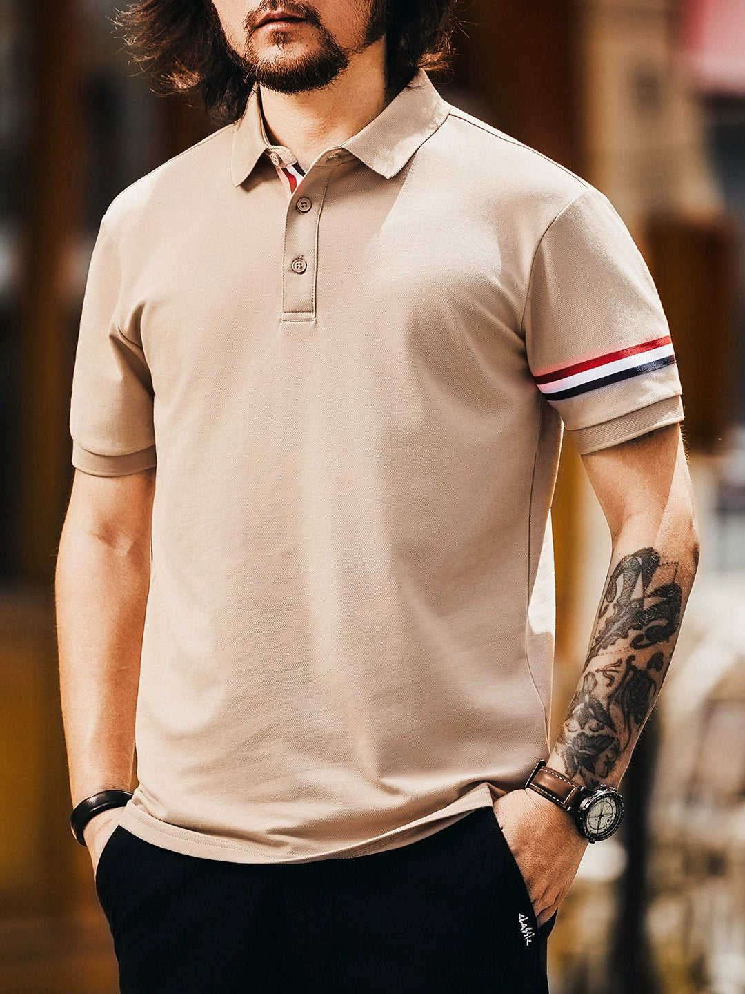 Striped Cuff Short Sleeve Polo Shirt