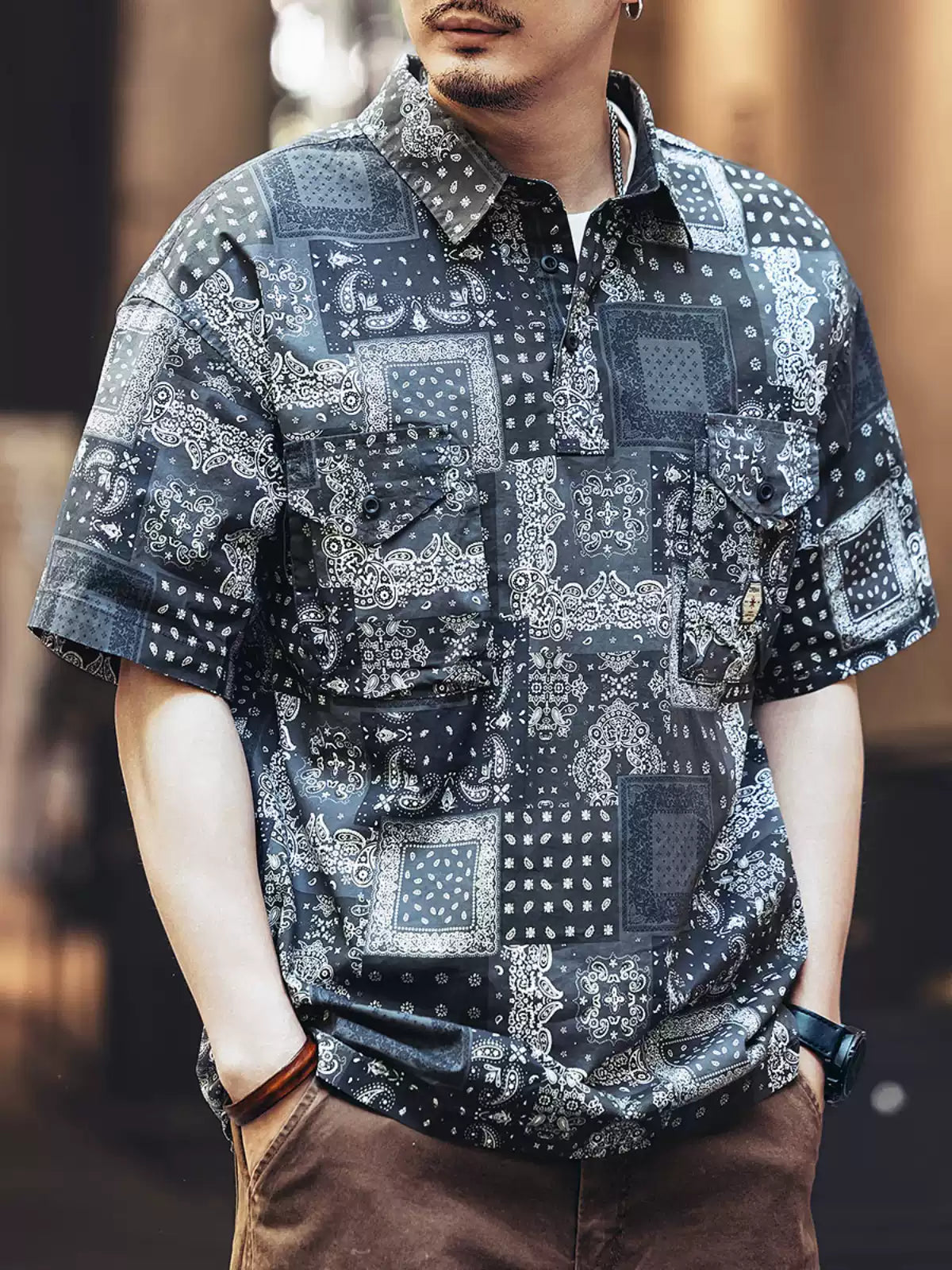 Vintage Paisley Pattern Workwear Polo Collar Short Sleeve Shirt