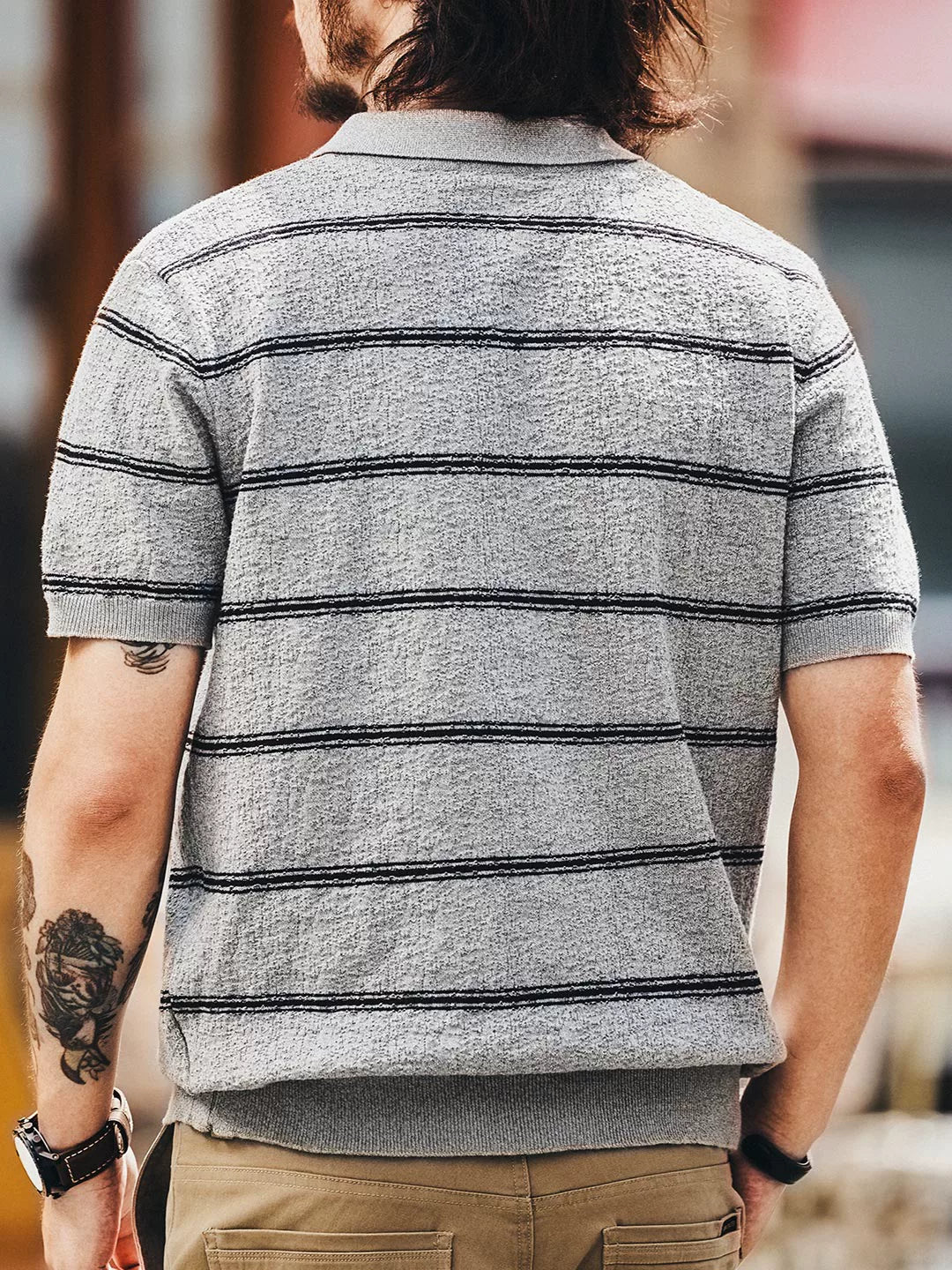 Striped Knit Short Sleeve Polo Shirt