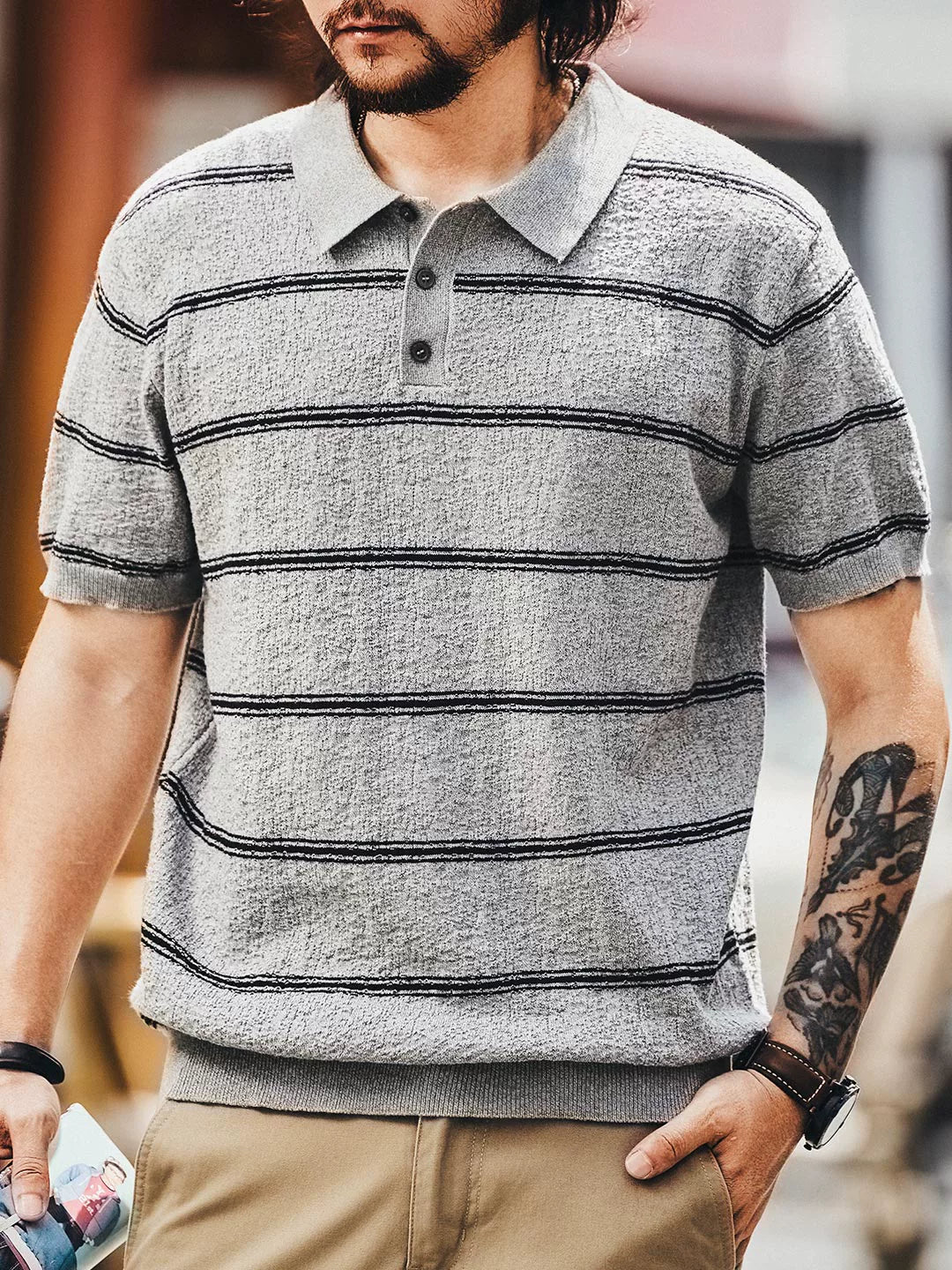 Striped Knit Short Sleeve Polo Shirt