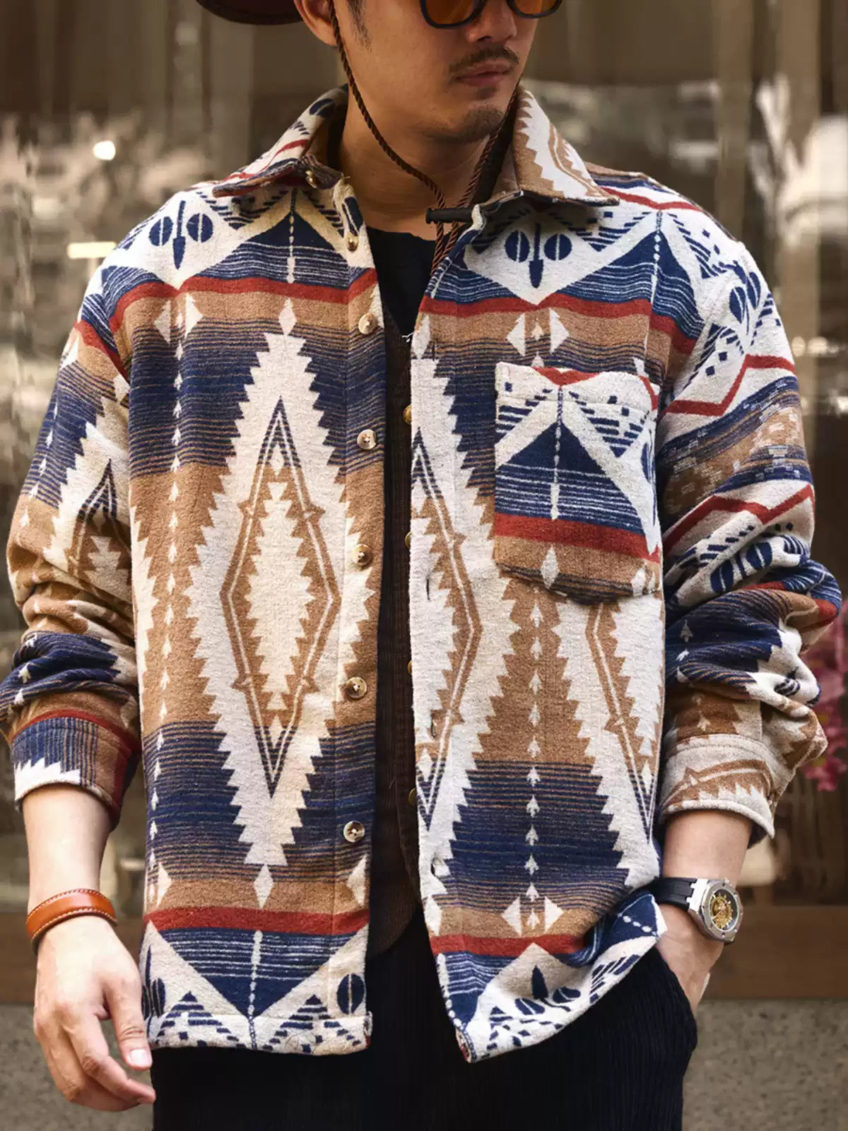Ethnic Color-Woven Imitation Wool Long Sleeve Shirt Jacket