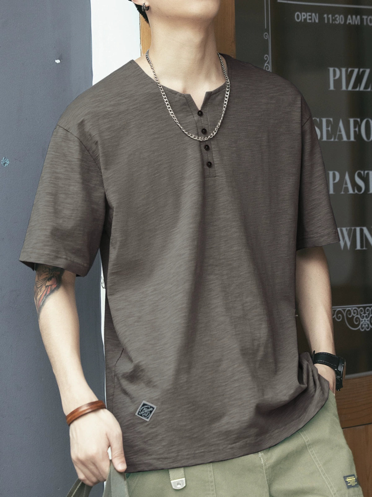 Retro Slub Henley Collar Short-Sleeve T-Shirt
