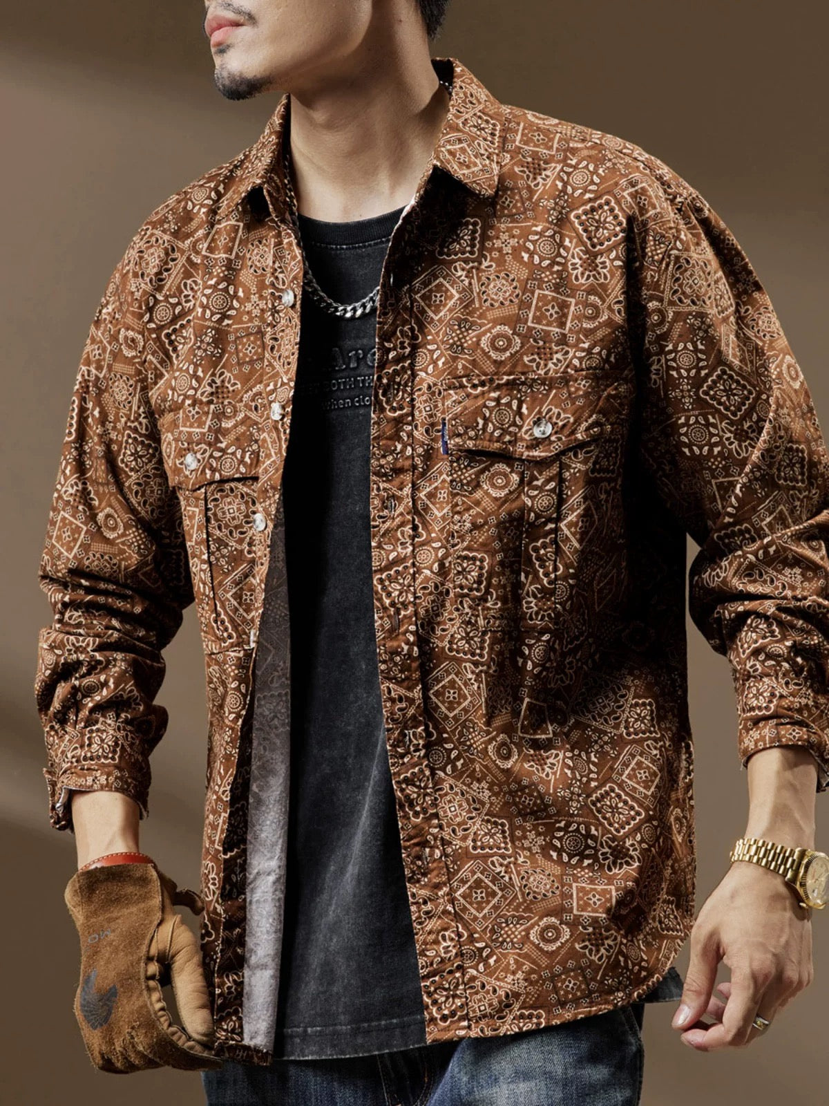 Vintage Casual Ethnic Geometric Print Long Sleeve Shirt