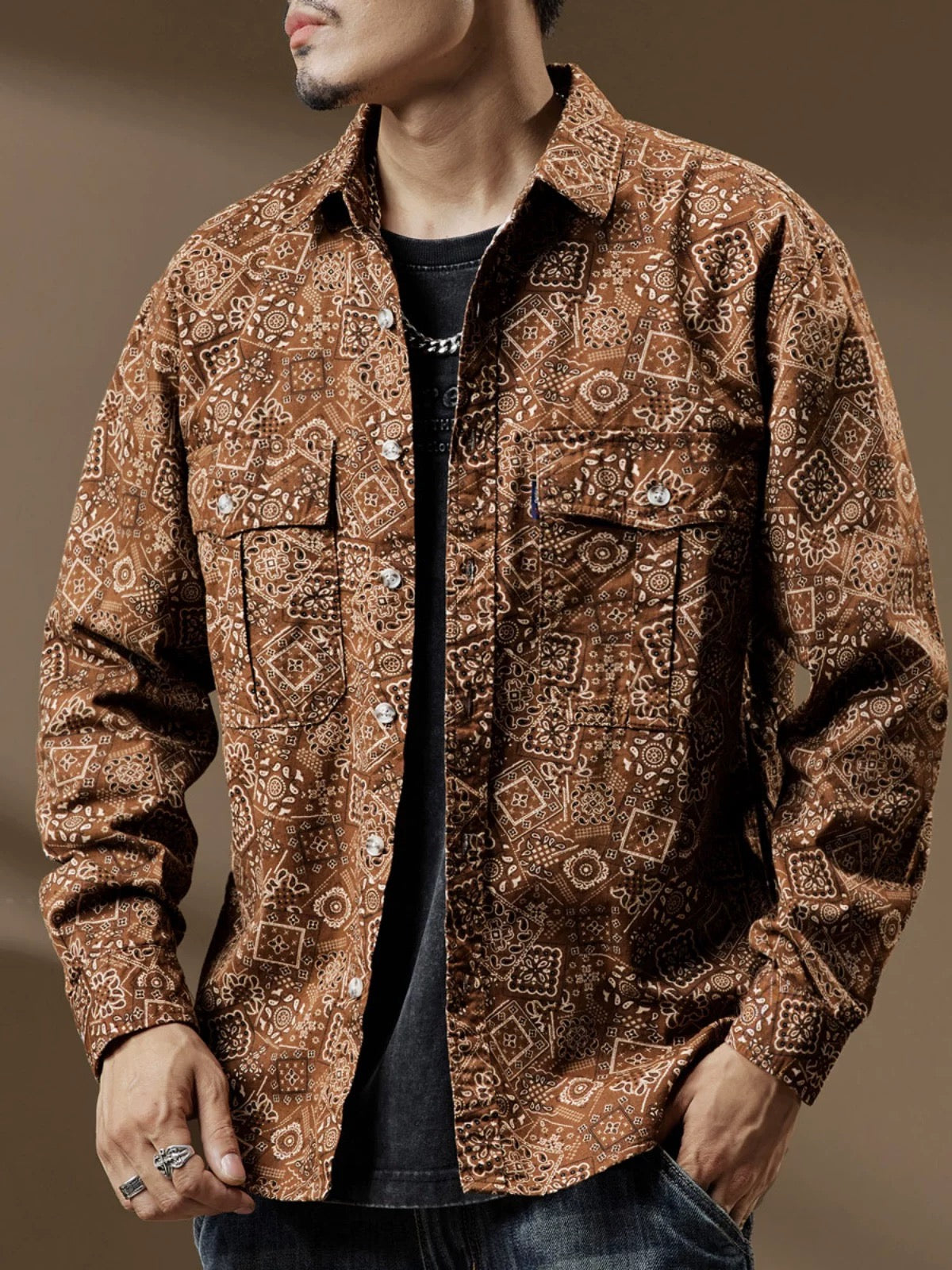 Vintage Casual Ethnic Geometric Print Long Sleeve Shirt