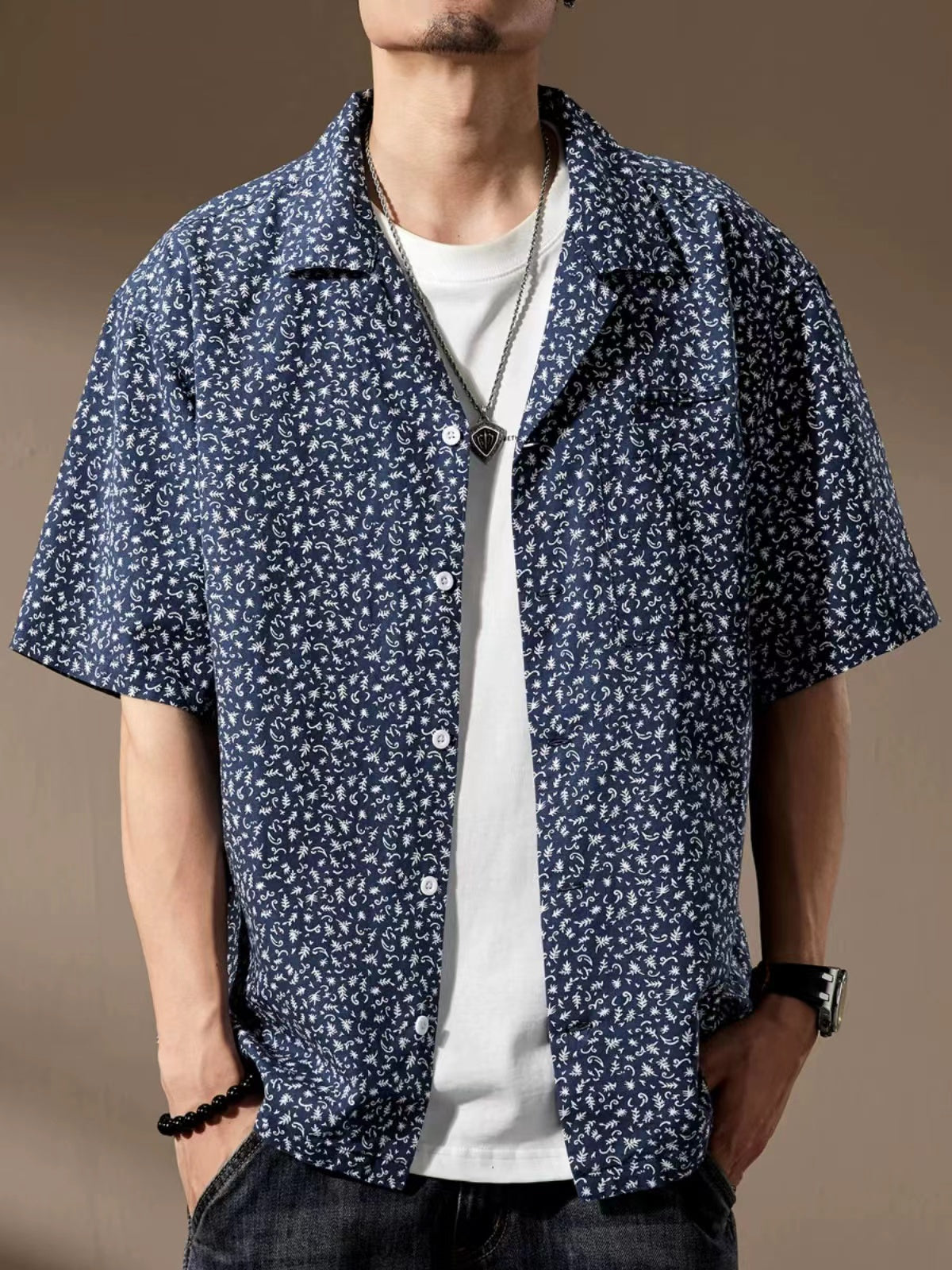 Hawaiian Small Floral Print Cuban Collar Shirt