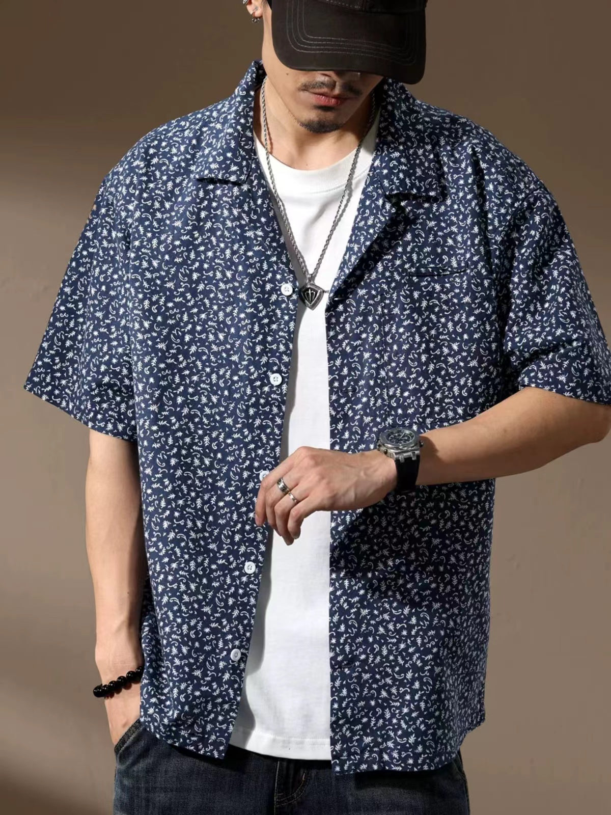 Hawaiian Small Floral Print Cuban Collar Shirt