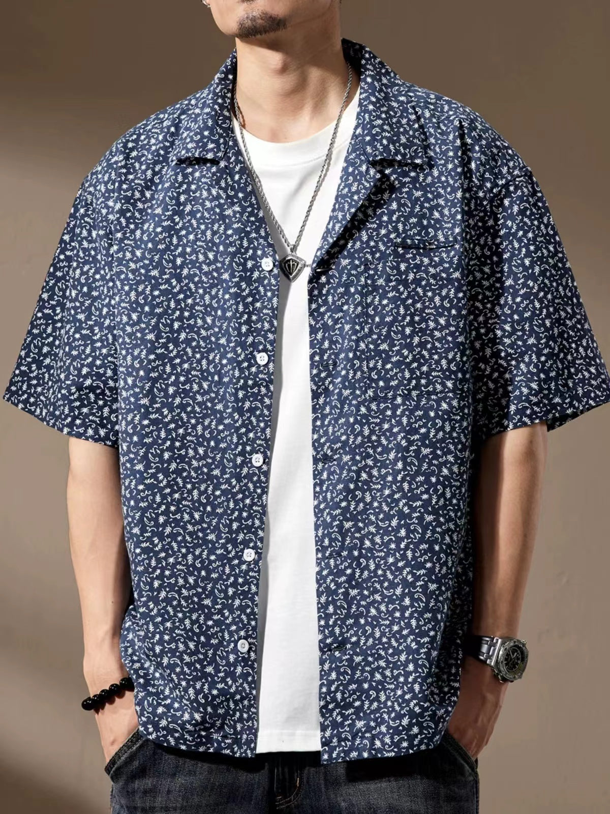 Hawaiian Small Floral Print Cuban Collar Shirt