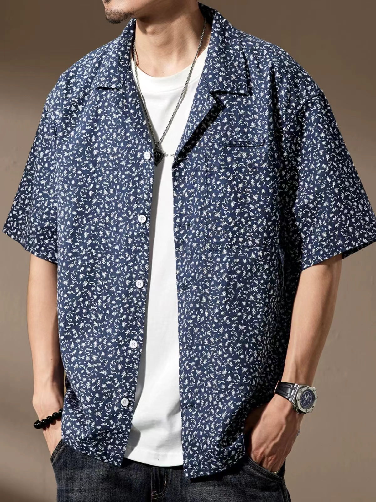 Hawaiian Small Floral Print Cuban Collar Shirt
