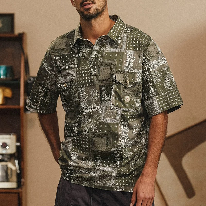 Vintage Paisley Pattern Workwear Polo Collar Short Sleeve Shirt