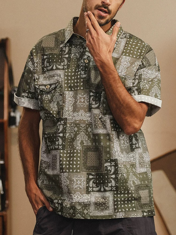 Vintage Paisley Pattern Workwear Polo Collar Short Sleeve Shirt