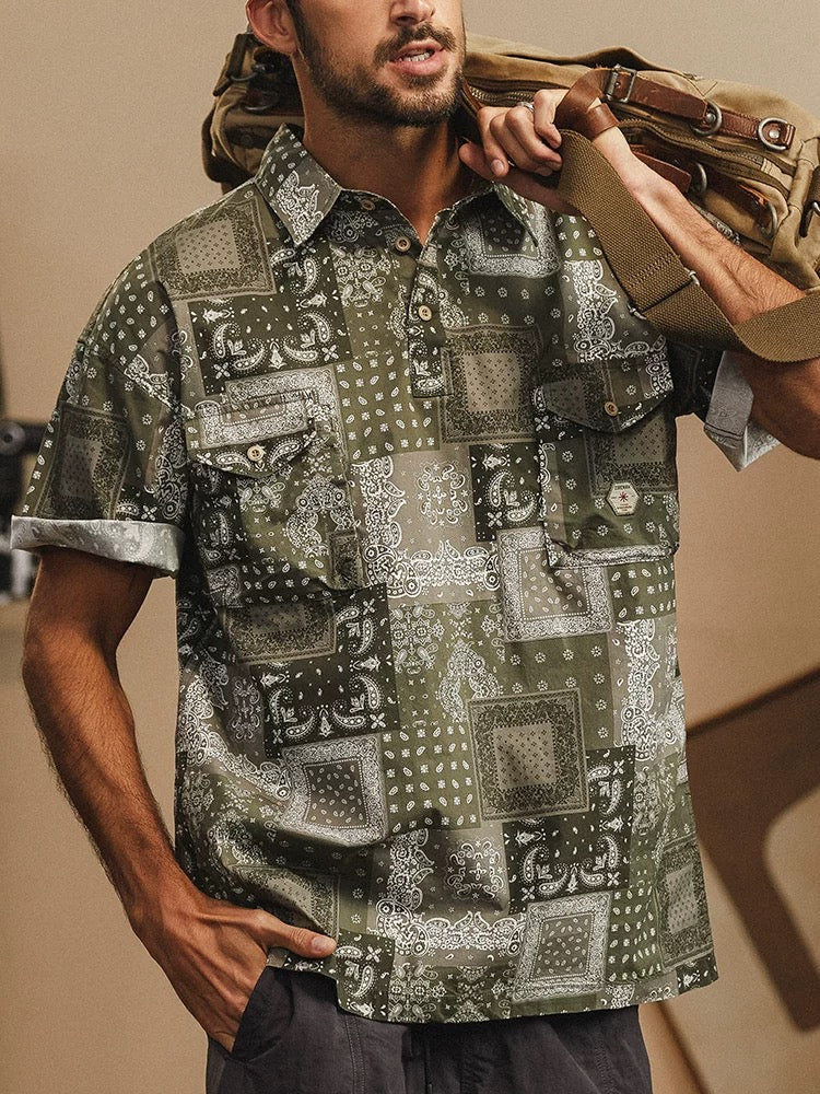 Vintage Paisley Pattern Workwear Polo Collar Short Sleeve Shirt
