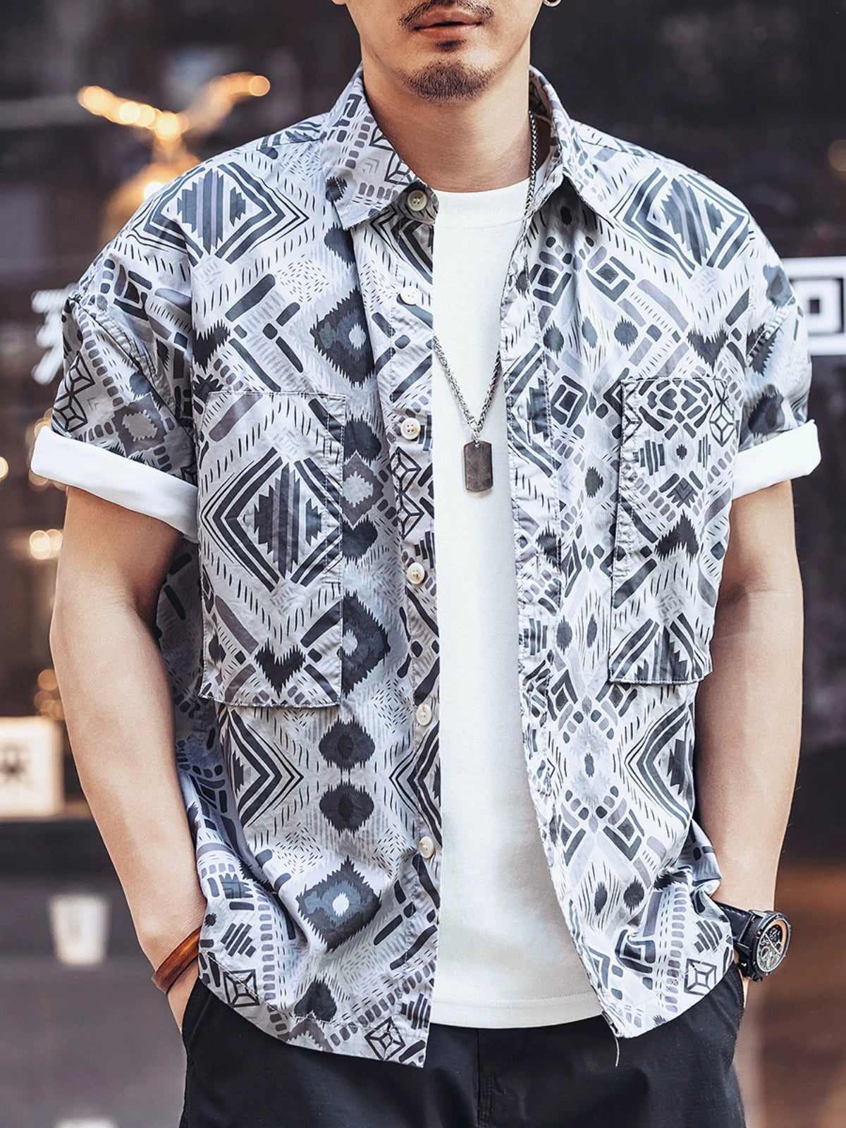 Vintage Ethnic Print Short Sleeve Shirt