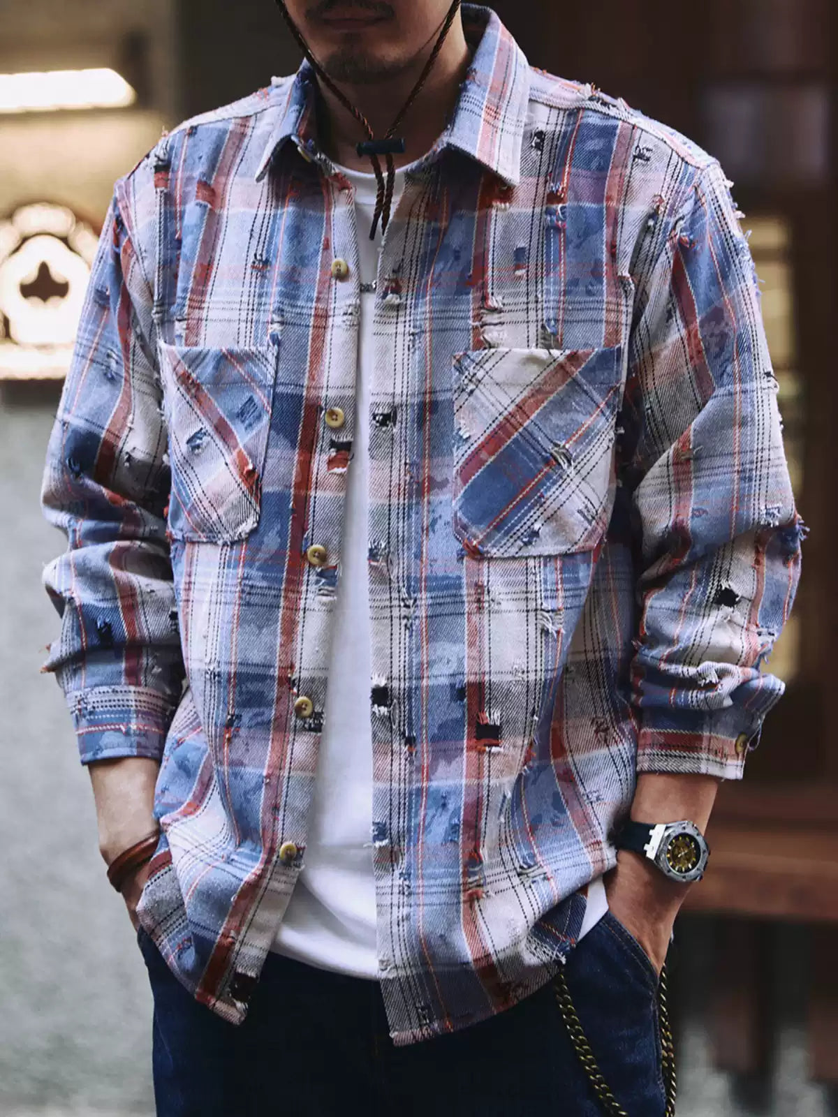 Vintage Color-Woven Plaid Ripped Long Sleeve Shirt