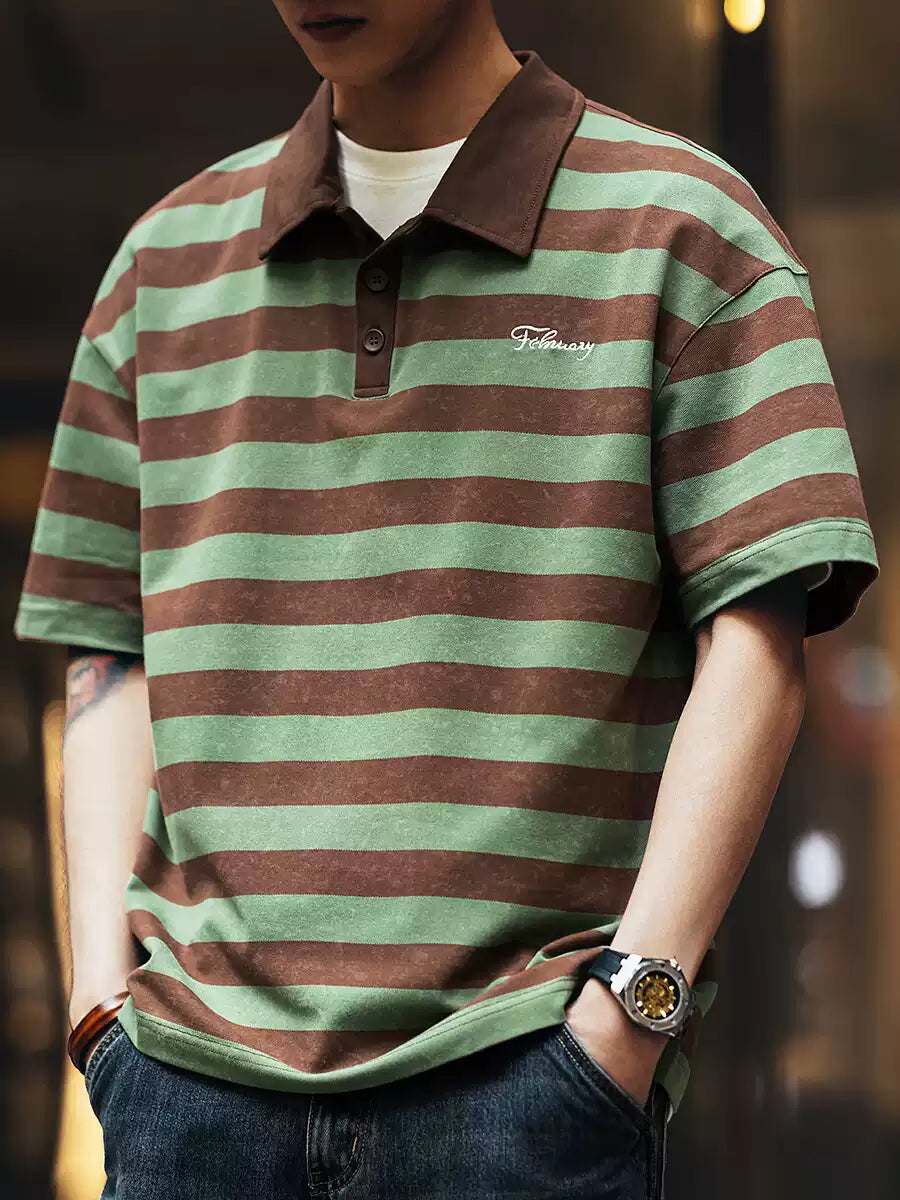 Retro Tie-Dye Striped Polo T-Shirt