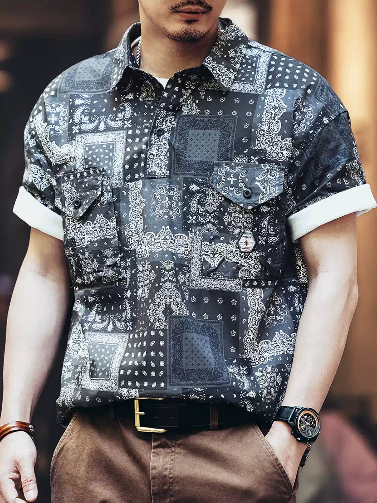 Vintage Paisley Pattern Workwear Polo Collar Short Sleeve Shirt
