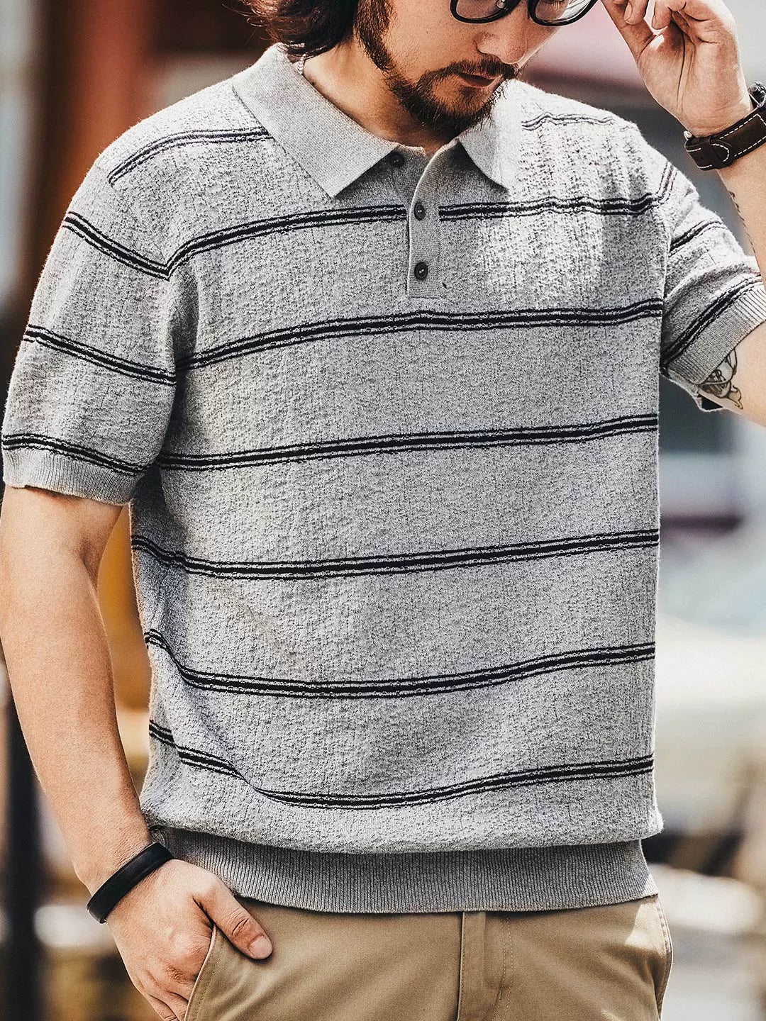 Striped Knit Short Sleeve Polo Shirt