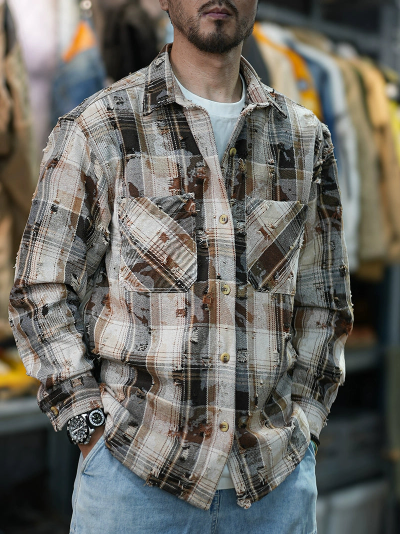 Vintage Color-Woven Plaid Ripped Long Sleeve ShirtJacket