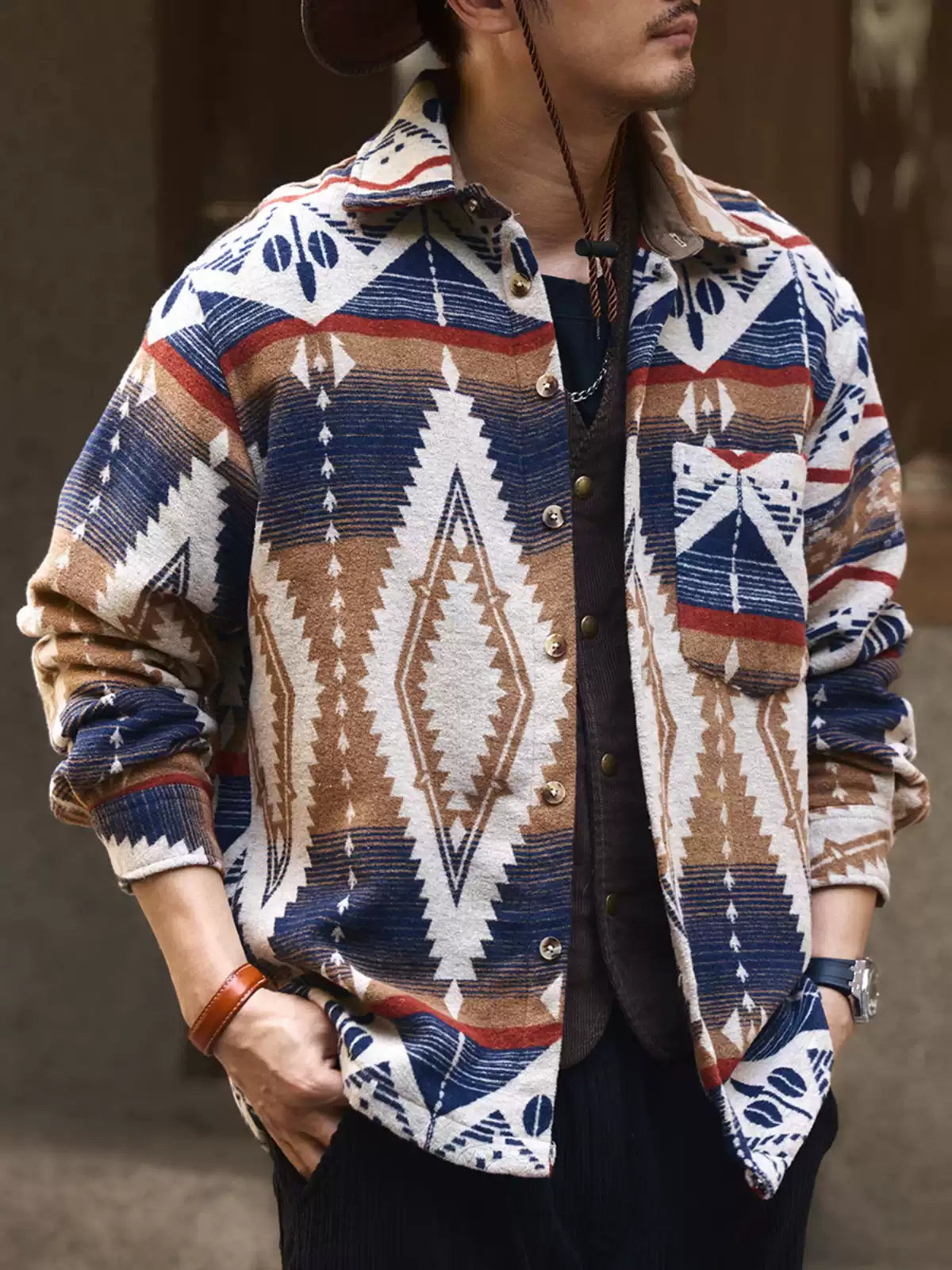 Ethnic Color-Woven Imitation Wool Long Sleeve Shirt Jacket