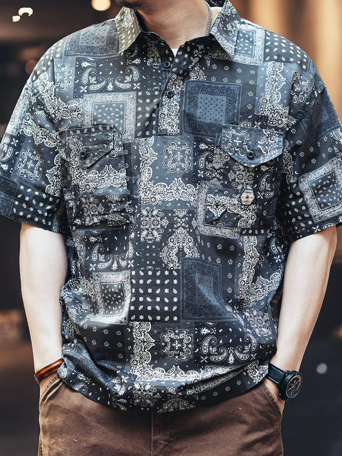 Vintage Paisley Pattern Workwear Polo Collar Short Sleeve Shirt