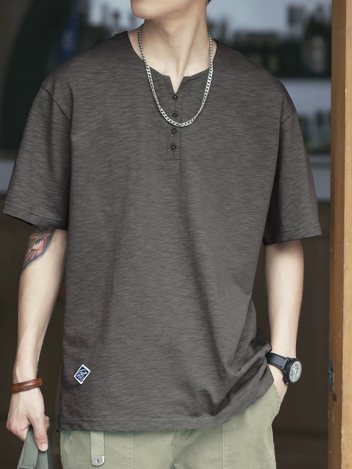 Retro Slub Henley Collar Short-Sleeve T-Shirt