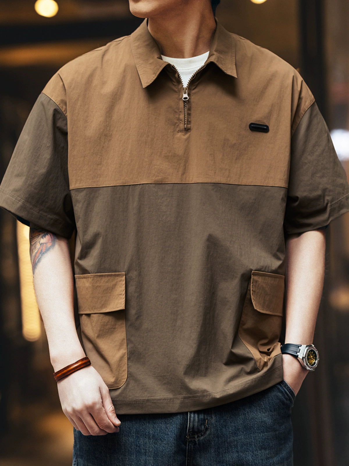 Vintage Color-Blocked Quick-Dry Utility Half-Zip Polo Short-Sleeve Tee
