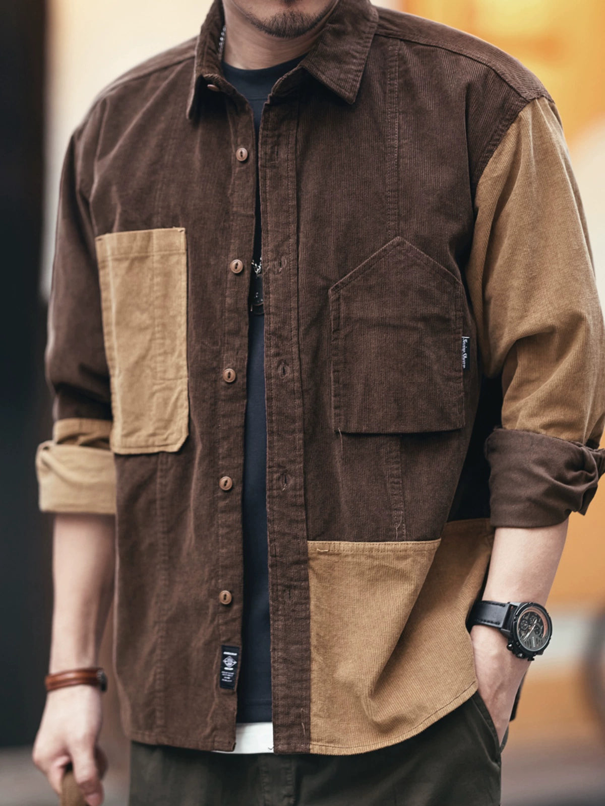 Retro Color-Block Patchwork Corduroy Long Sleeve Shirt Jacket