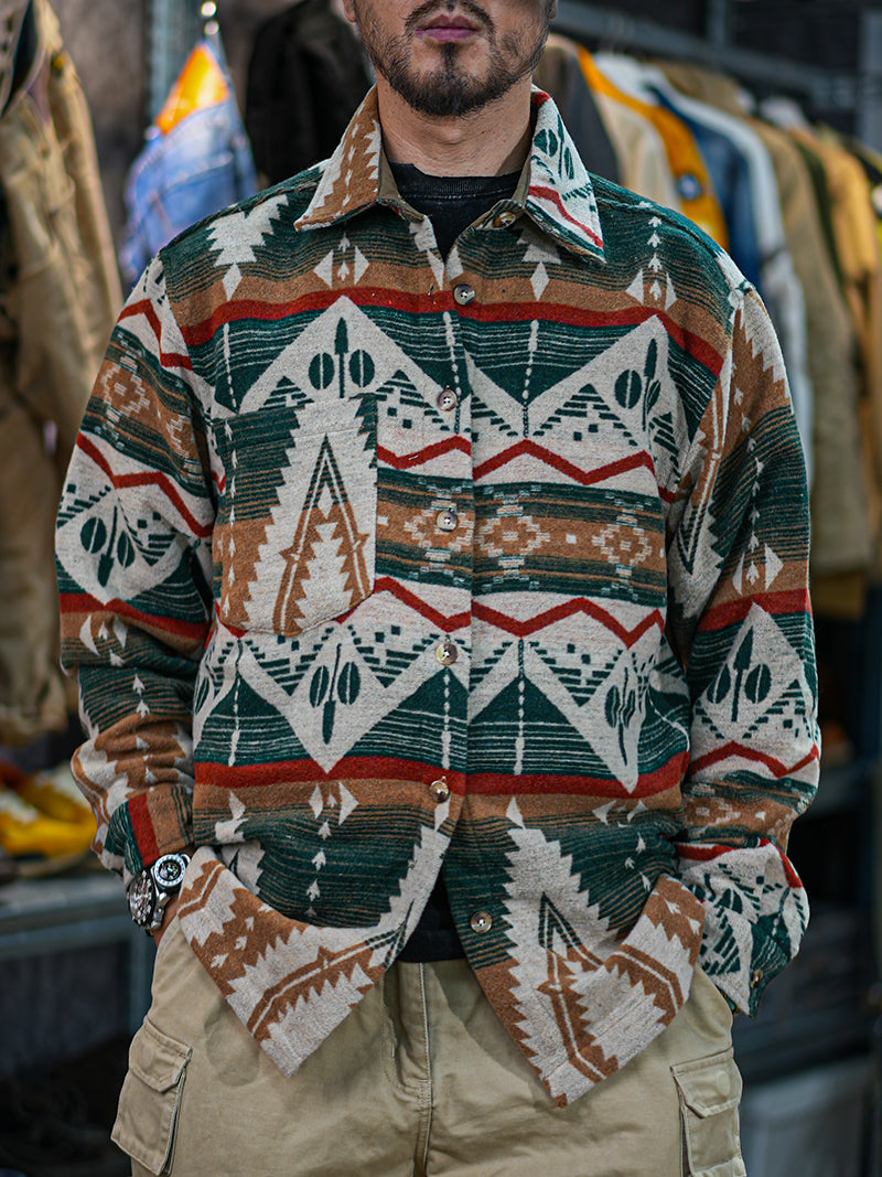 Ethnic Color-Woven Imitation Wool Long Sleeve Shirt Jacket