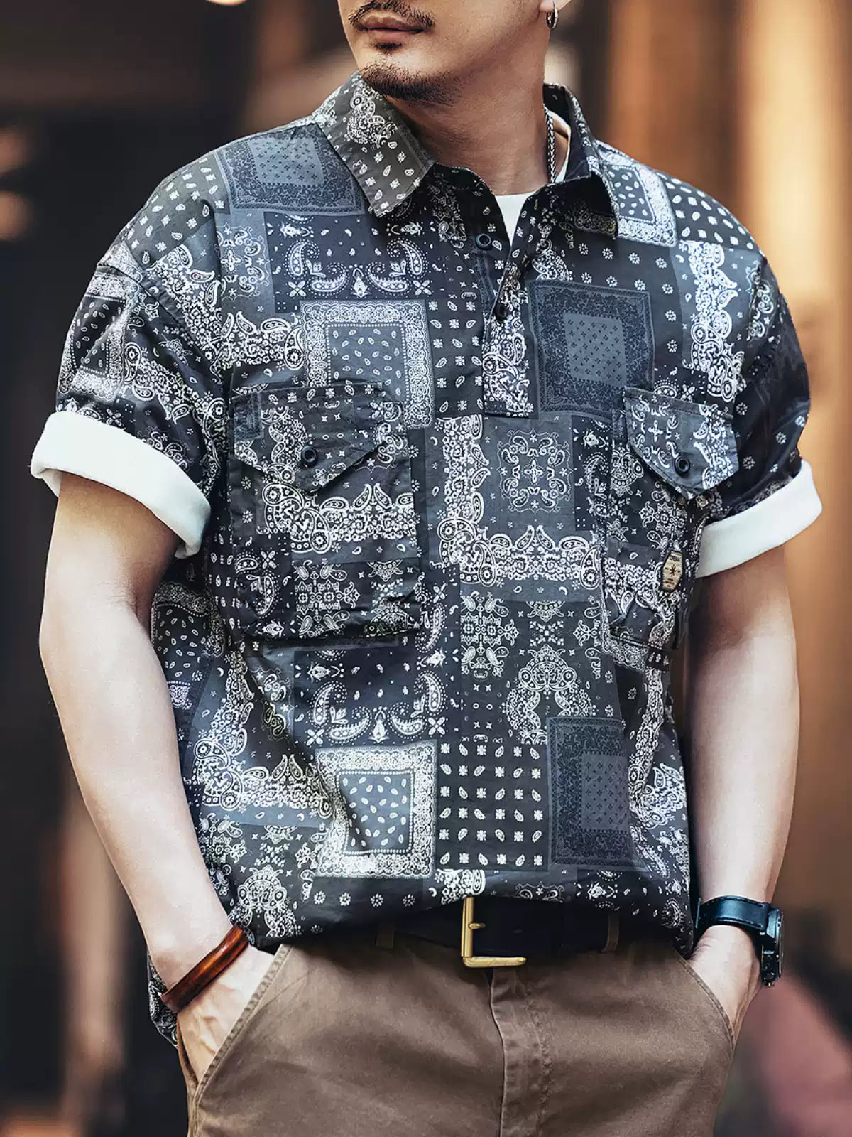Vintage Paisley Pattern Workwear Polo Collar Short Sleeve Shirt