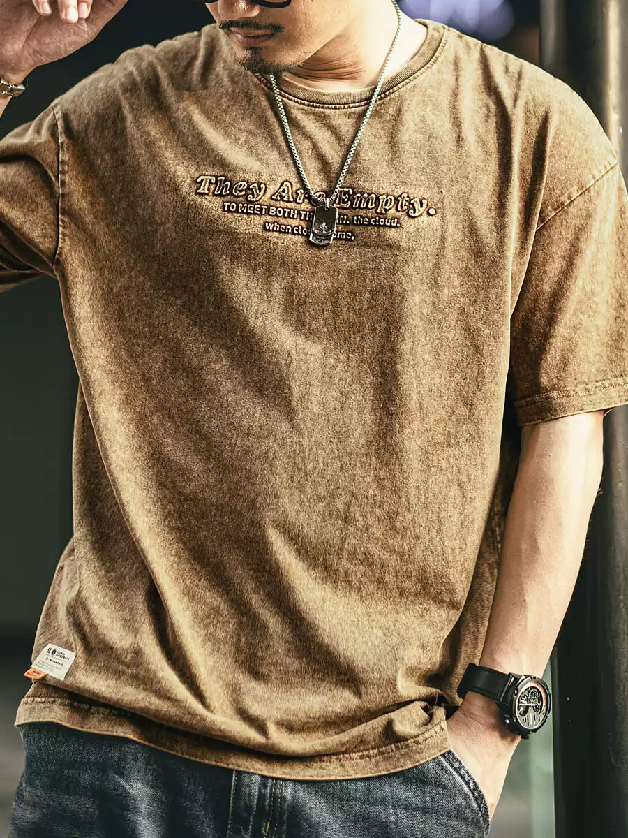 Vintage Washed Letter Embossed Short-Sleeve T-Shirt