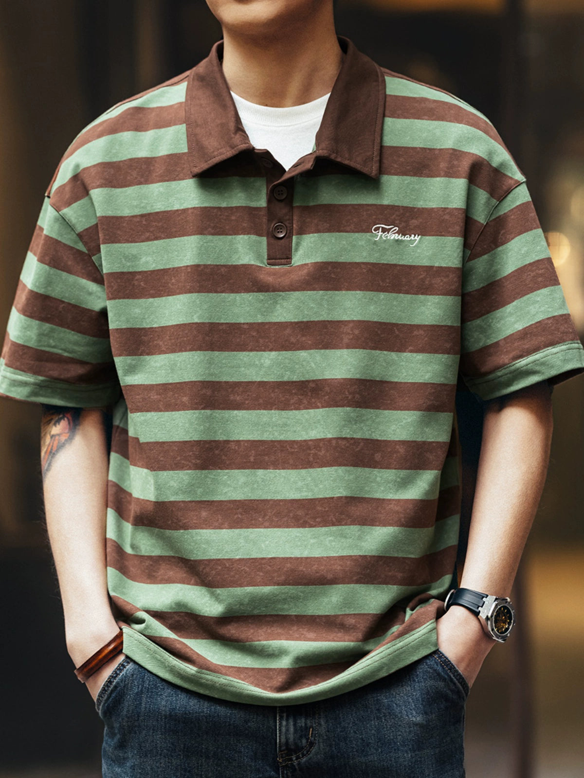 Retro Tie-Dye Striped Polo T-Shirt