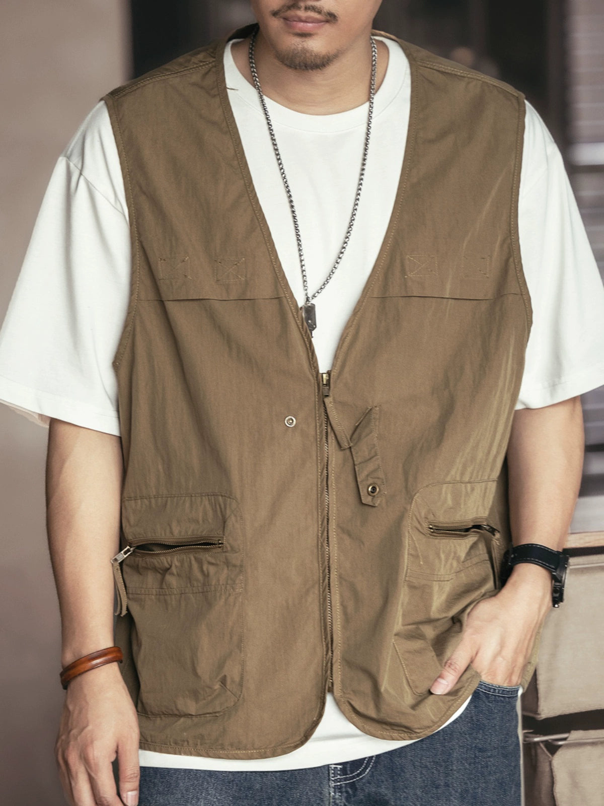 Outdoor Multi-Pocket V-Neck Zip Workwear Vest