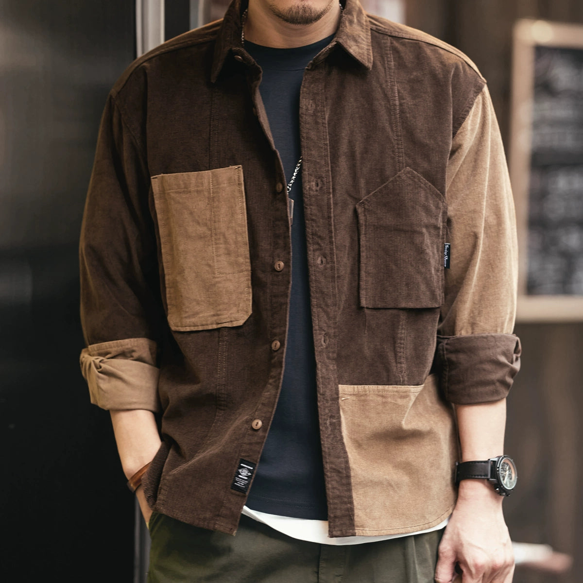 Retro Color-Block Patchwork Corduroy Long Sleeve Shirt Jacket