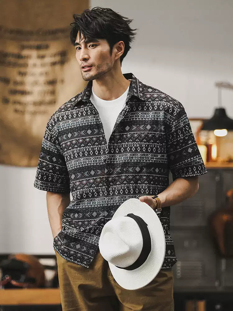 Hawaiian-style Geometric Print Seersucker Shirt