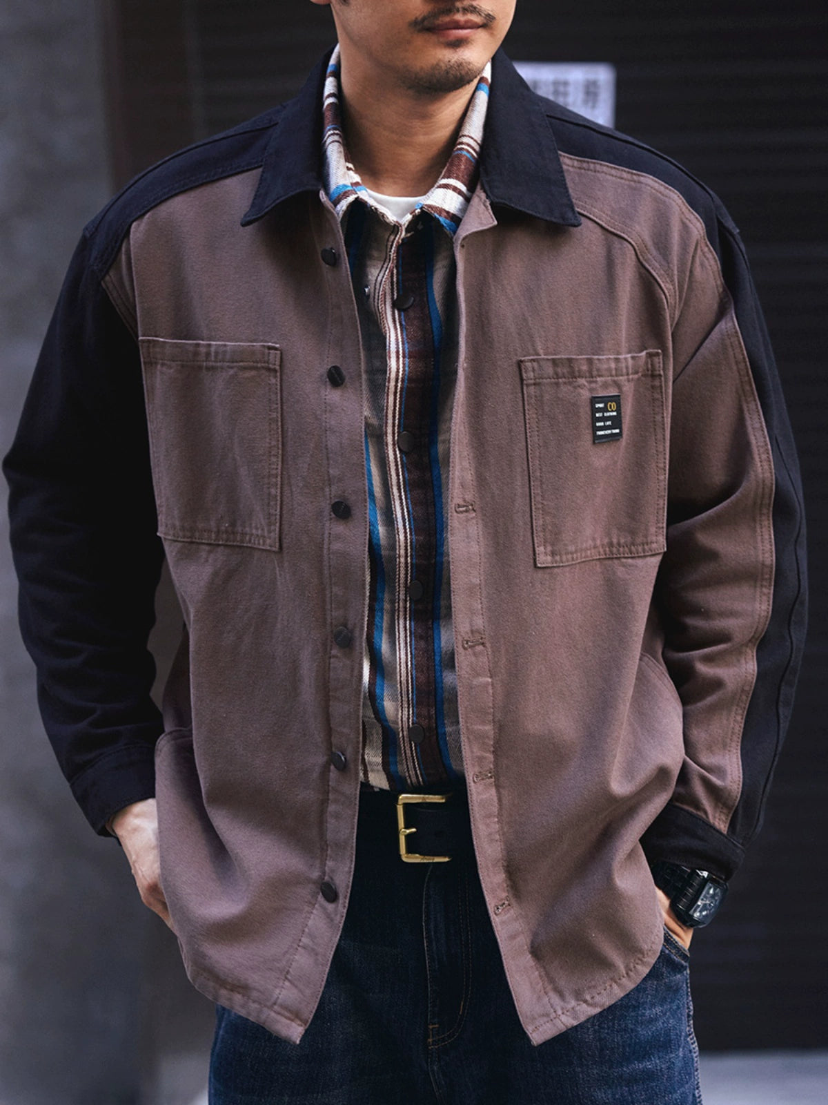 Vintage Color-Block Long Sleeve Shirt Jacket