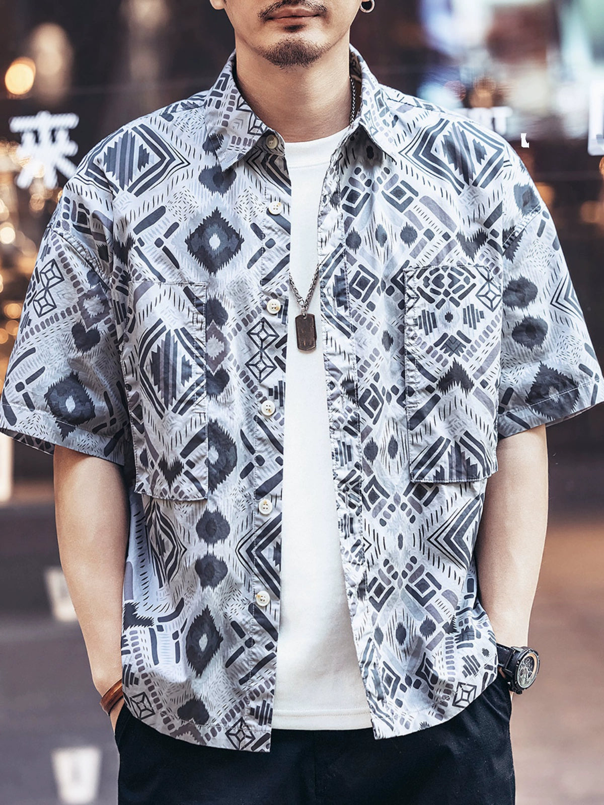 Vintage Ethnic Print Short Sleeve Shirt