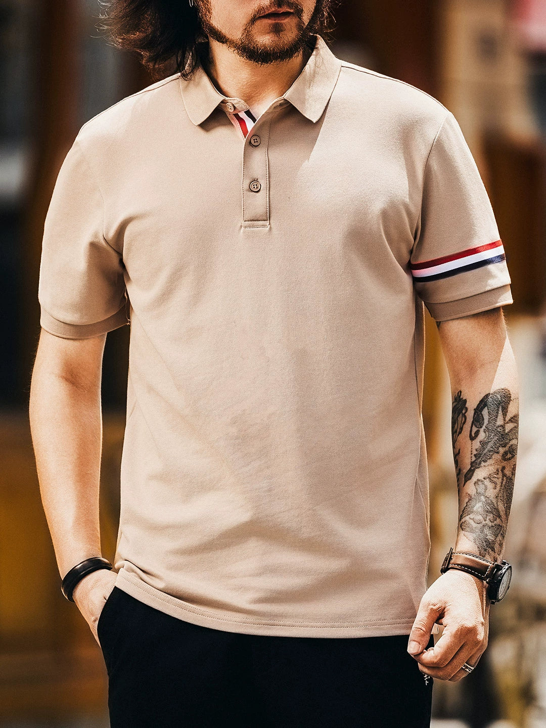 Striped Cuff Short Sleeve Polo Shirt